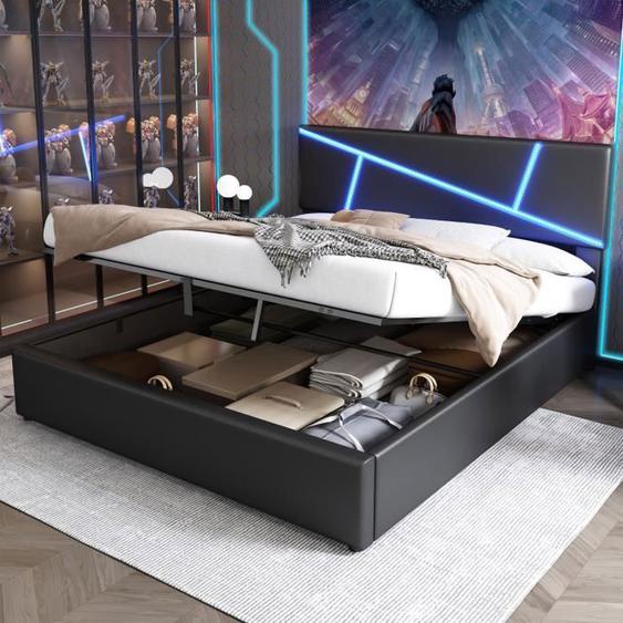 Lit coffre 180x200 cm avec sommier lattes tte de lit LED avec espace de rangement hydraulique tissu en pu Noir noir