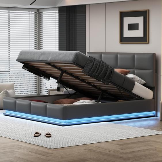 Lit coffre 180x200 cm - Lit doub LED capitonné relevable hydraulique avec sommier à lattes, tête de lit, simili cuirPolyuréthane- Gris