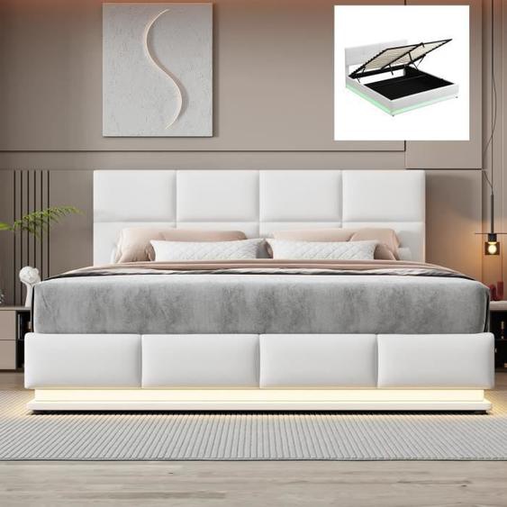 Lit Coffre 180x200cm Lit 2 Personnes Lit Adulte avec LumièRe Led 16 Couleurs Sommier Et Sommier à Lattes En Simili Cuir ,Blanc