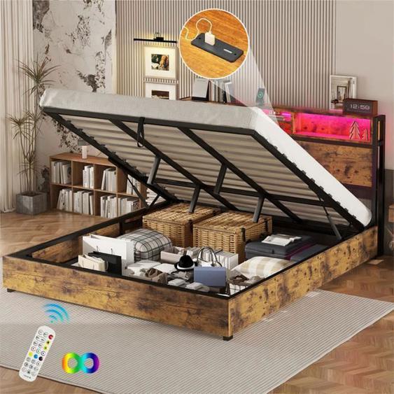 Lit coffre - DREAMMESPACE - 180x200cm - Métal et MDF - LED avec prise USB - Style industriel marron