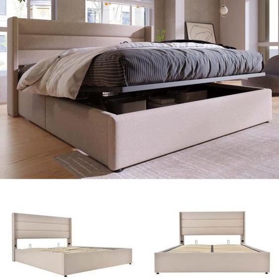 Lit coffre 180x200cm - MODERNLUXE - Tête de Lit Capitonnée - lin - beige - Sommier à lattes en métal