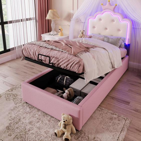 Lit coffre 90x200cm - lit simple princesse led avec sommier à lattes et tête de lit couronnée - matériau pu, rose