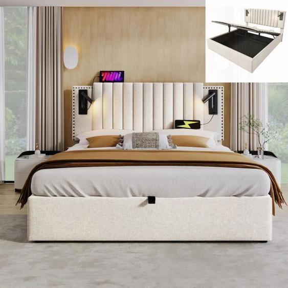 Lit coffre - Aapaas - 140x200 cm - Beige - Liseuse USB - Dossier avec rivets