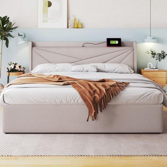 Lit coffre adulte 160x200 cm avec port USB rechargeable - avec sommier à lattes - lin - Aapaas -Beige
