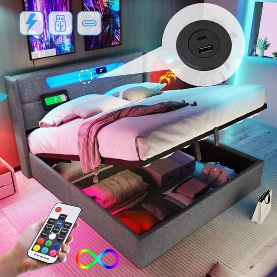 Lit coffre adulte 160x200 cm en lin gris - AAPAAS - avec éclairage LED et port USB rechargeable