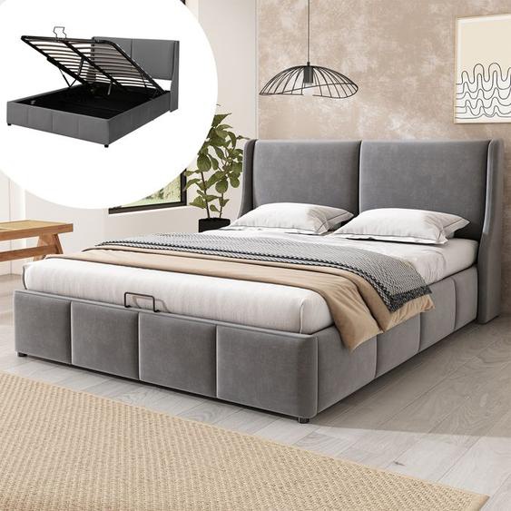 Lit coffre adulte 180x200 cm - MODERNLUXE - Gris - Sommier à lattes et espace de rangement