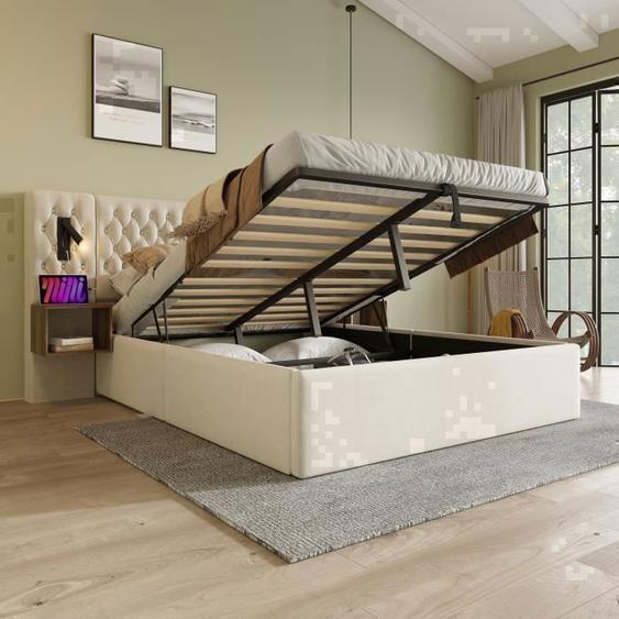 Lit Coffre - REDOM - 180x200cm - Velours Beige - 2 Tables De Chevet - Lampe De Lecture - Chargement USB