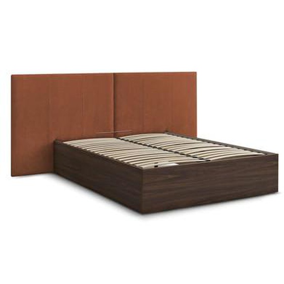 Lit coffre ALTIRA en bois foncé et tissu texturé