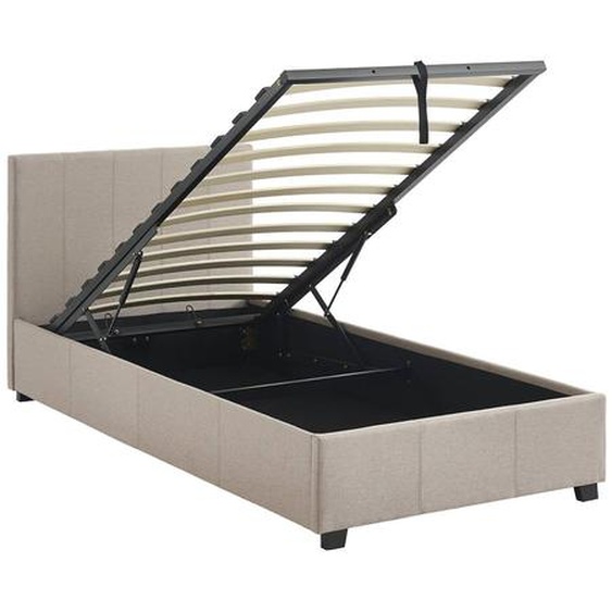 Lit Coffre Avec Sommier À Lattes Et Tête De Lit, L 202 X P 97,5 X H 86cm, Finition Tissu Beige