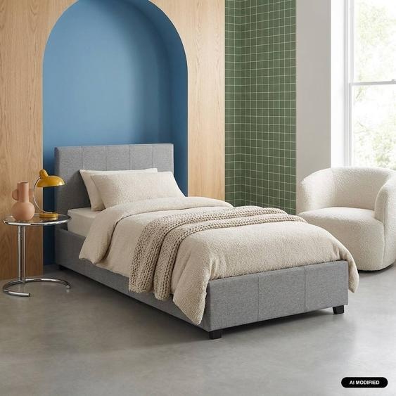 Lit Coffre Avec Sommier À Lattes Et Tête De Lit, L 202 X P 97,5 X H 86cm, Finition Tissu Gris Clair