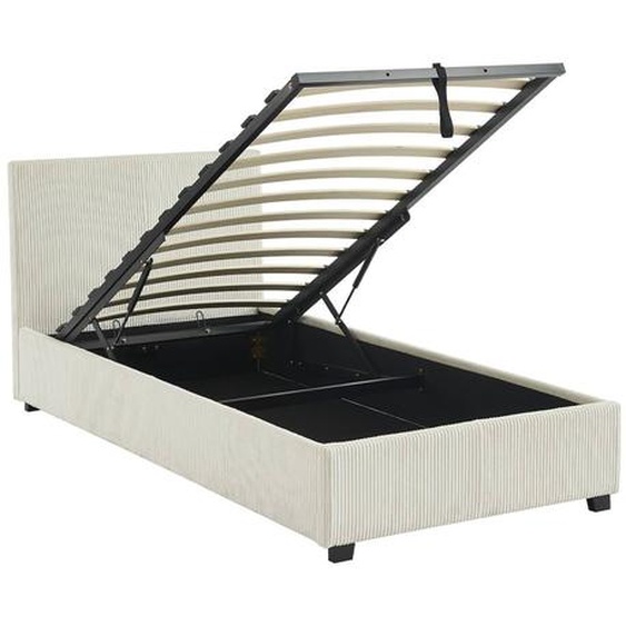 Lit Coffre Avec Sommier À Lattes Et Tête De Lit, L 202 X P 97,5 X H 86cm, Finition Velours Côtelé (grosse Côte) Blanc