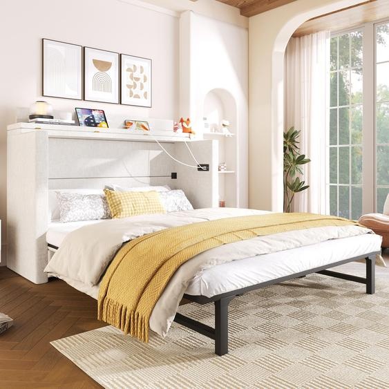 Lit coffre avec tiroir et étagère, dimensions 140 x 200 cm, ports USB et Type-C, tissu en lin, couleur beige