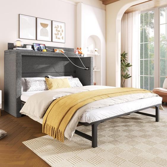 Lit coffre avec tiroir et étagère, dimensions 140 x 200 cm, ports USB et Type-C, tissu en lin, couleur gris