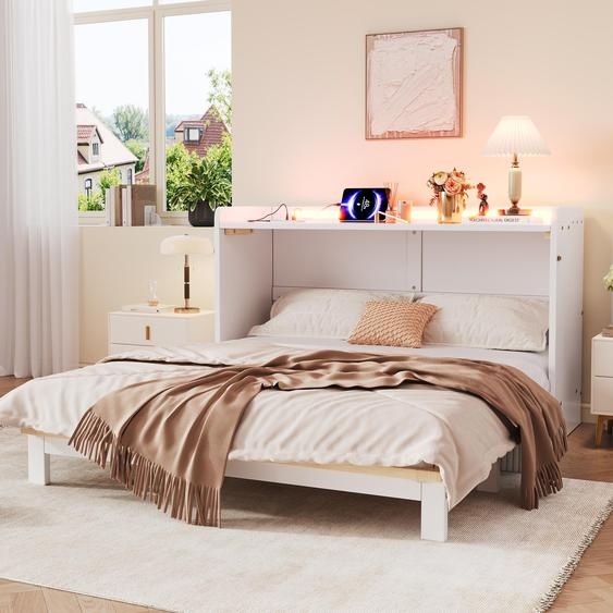 Lit coffre, avec tiroirs intégrés en dessous, équipé de ports USB et dune prise électrique, éclairage LED, finition en placage haute brillance, dimensions 140 x 200 cm, couleur blanche