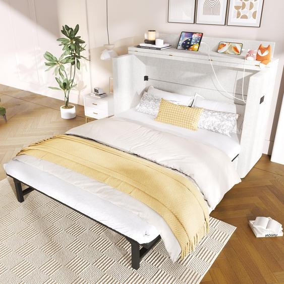 Lit coffre avec un tiroir, lit coffre mobile avec compartiment de rangement intégré, équipé de ports USB et Type-C, dimensions 140x200 cm, couleur beige