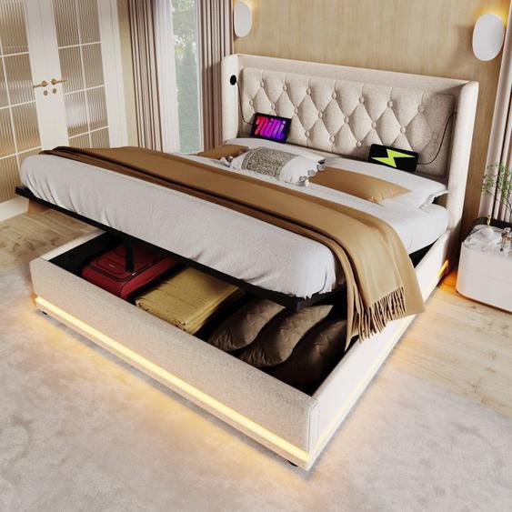 Lit coffre capitonné 160 x 200 cm en tissu coton - avec fonction de recharge et LED au pied du lit - Beige