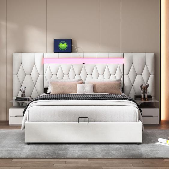 Lit coffre capitonné 160x200cm - avec grand dossier - avec LED et prise USB - velours - lit rangement coffre - beige
