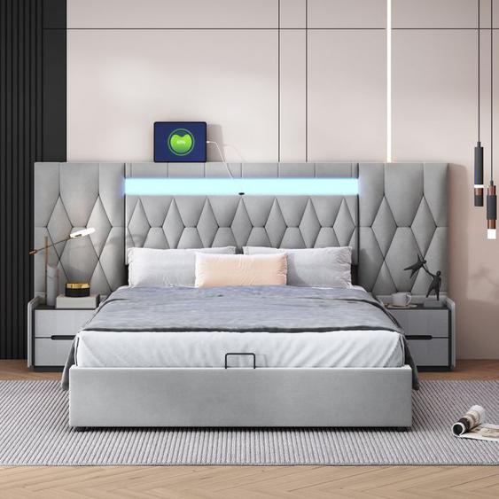 Lit coffre capitonné 160x200cm - avec grand dossier - avec LED et prise USB - velours - lit rangement coffre - gris