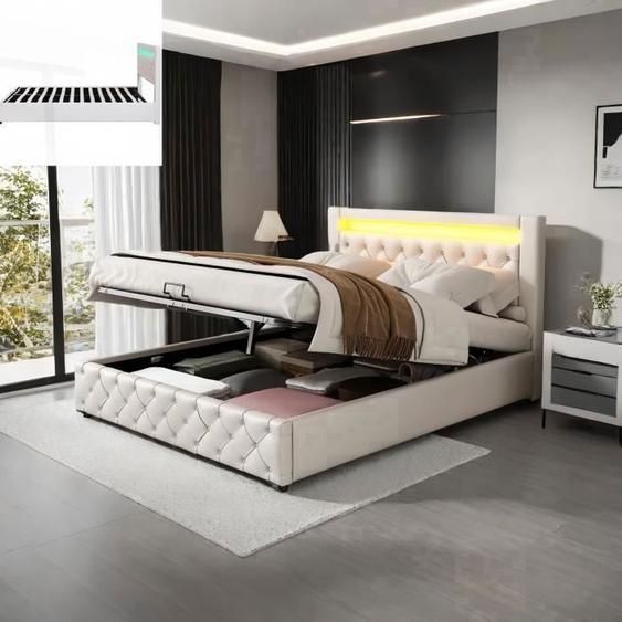 Lit coffre classique 160x200 cm avec sommier à lattes et tête de lit tapissée - Éclairage LED - Tissu PU - Aapaas - blanc