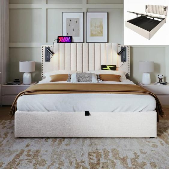 Lit coffre double 160x200 cm Liseuse avec chargement USB - Tête de lit tapissée - Coton - beige