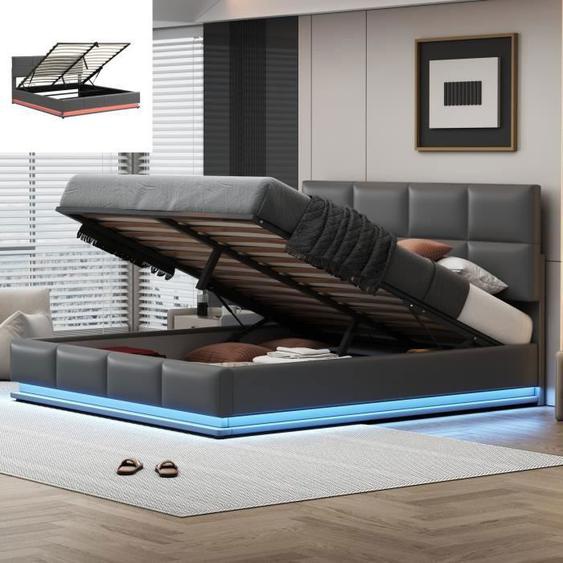 Lit Coffre Double 180 x 200 cm avec LED et Tête de Lit Réglable Lit Adulte avec Hydraulique de Rangement, Gris