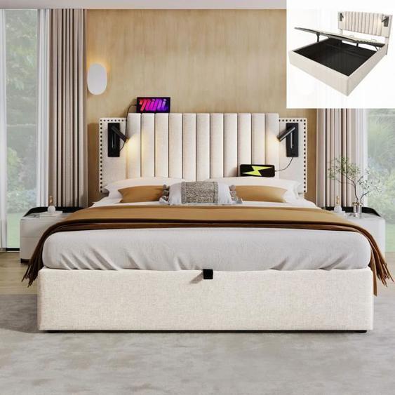Lit coffre double 180x200 cm avec chargement USB et liseuse - tête de lit tapissée - coton - beige (matelas non inclus)