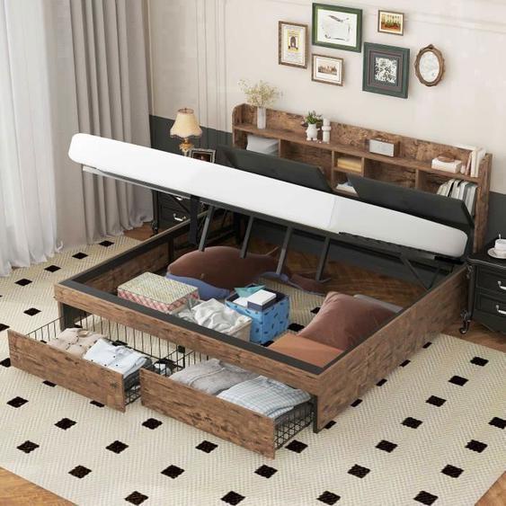 Lit Coffre Double 180x200cm - JAERLIUB - Cadre de Lit Métal - Tête de Lit Rangement - Couleur Bois