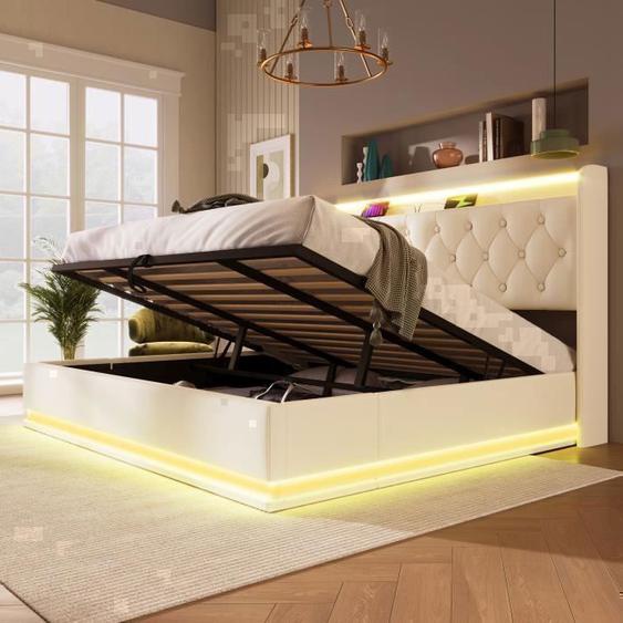 Lit Coffre Double 180x200cm - REDOM - PU Blanc - Chargement USB - Éclairage LED - Design Classique