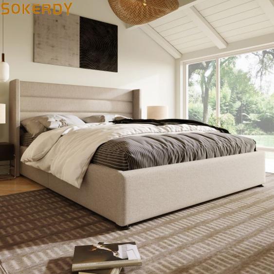 SOKERDY Lit Coffre Double Adulte 180 x 200 cm Tissu en Lin Avec Sommier à Lattes Style Contemporain Beige