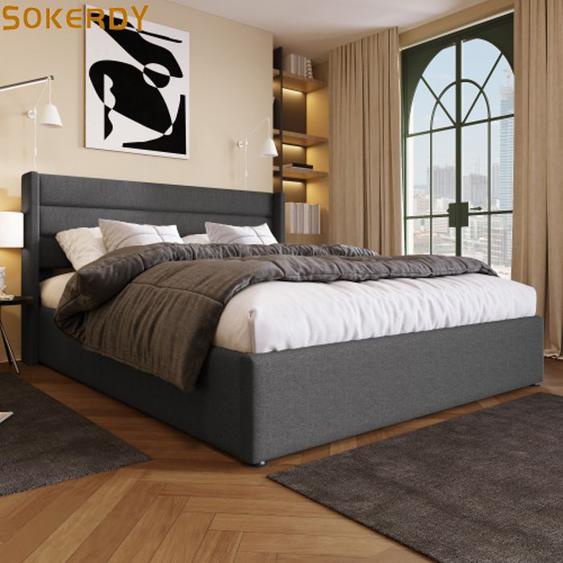SOKERDY Lit Coffre Double Adulte 160 x 200 cm Tissu en Lin Avec Sommier à Lattes Style Contemporain Gris