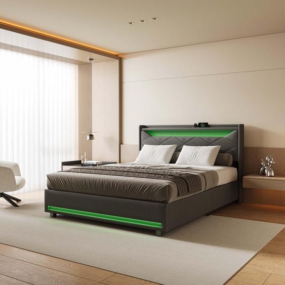 Lit coffre en tissu gris 140x190 cm avec tête de lit LED, prises USB/Type-C, bandes lumineuses et rangement intégré