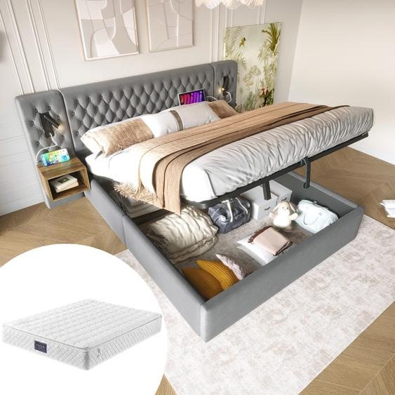 Lit coffre hydraulique avec espace de rangement, lit double 160x200 cm, comprenant 2 tables de chevet, une tête de lit avec éclairage de lecture et fonction de charge USB, revêtement velouté, incluant le matelas, de couleur grise