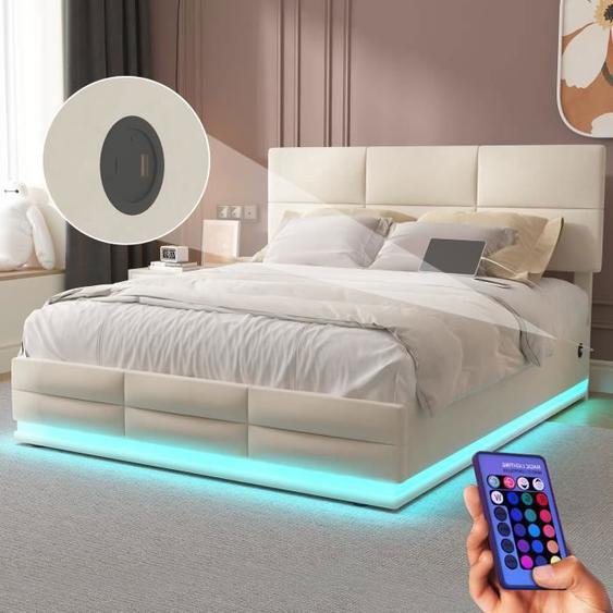 OKWISH Lit Adulte 160x200cm, Cadre de Lit avec Lumières LED et Chargeur USB, en Velours Beige