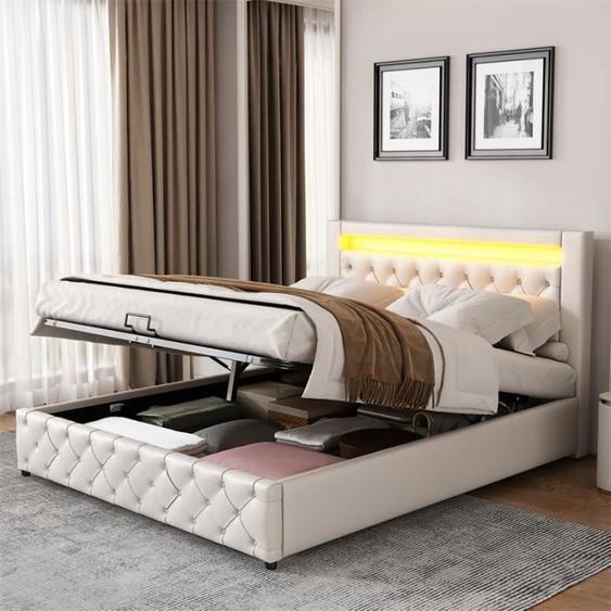 Lit Coffre LED - DREAMMESPACE - 140x200 cm - Rembourré en PU - Avec sommier à lattes - Espace de rangement