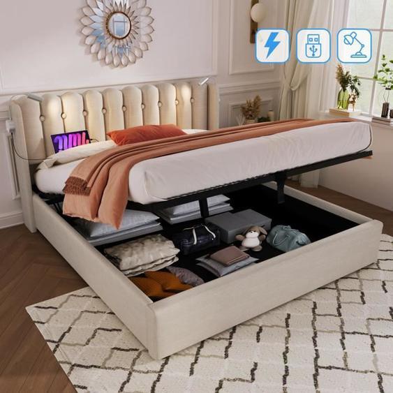 Lit coffre - LEYTN - 160x200 cm - Velours beige - 2 Ports USB - Lumière de lecture intégrée