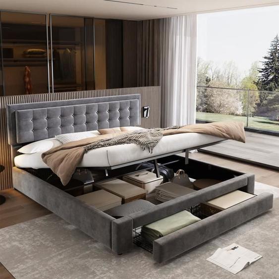Lit coffre - LEYTN - 160x200cm - Velours gris - Tiroirs de rangement - Sommier à lattes inclus
