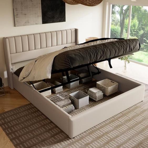 Lit coffre - LEYTN - 180x200cm - Beige - Rangement sous le lit - Design contemporain