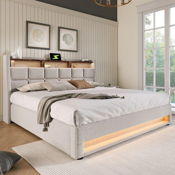 Lit coffre Lit rembourré avec USB Lit simple LED avec sommier à lattes métalliques pour adolescents Lit 160x200 Beige