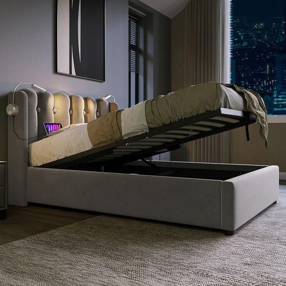 Lit coffre Lit simple Tête de lit Espace de rangement Cadre de lit en velours Lit 90x200 Gris Avec matelas