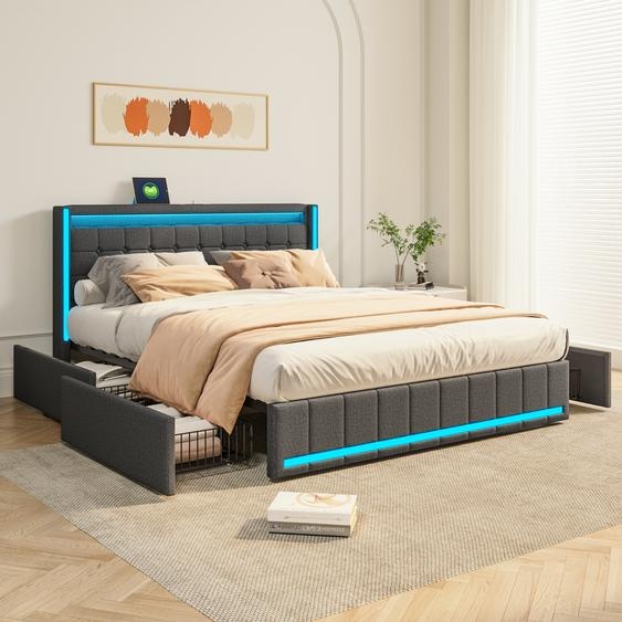Lit coffre Moonbite 140x200 cm, tissu lin gris, 4 tiroirs – éclairage LED avec port USB, lattes de soutien 29 cm, profondeur dencastrement