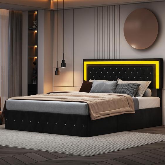 Lit coffre Moonbite 160x200 cm, revêtement en velours noir, dossier réglable (106-112 cm), avec éclairage LED, sommier à lattes et espace de rangement