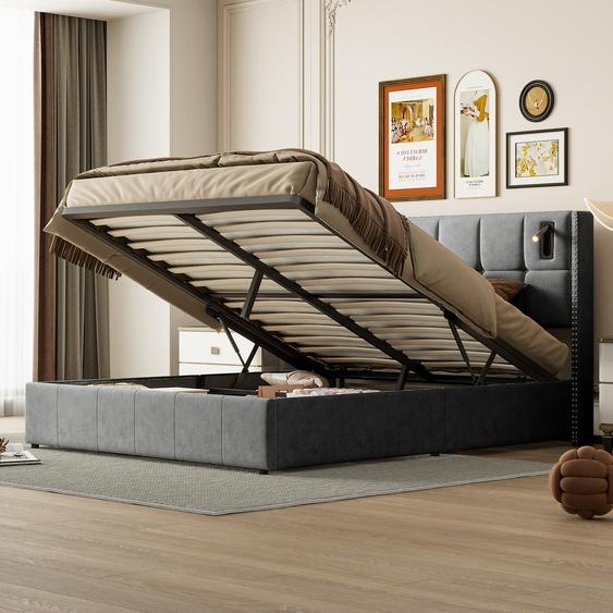 Lit coffre Moonbite 160x200 cm, tissu gris, avec ports USB et Type-C, système hydraulique, sommier à lattes et éclairage LED