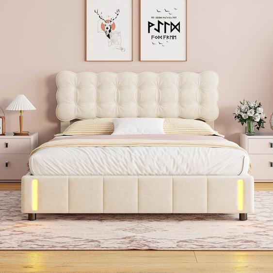 Lit coffre Moonbite 160x200 cm, tissu velours beige, éclairage LED, sommier à lattes, capitonnage