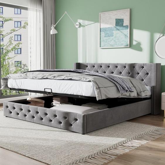 Lit coffre rembourré velours 140x190 cm, lit double adulte avec tête de lit et sommier à lattes, gris