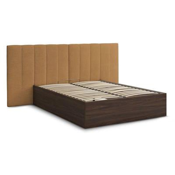 Lit coffre TIMO en bois foncé et tissu bouclette