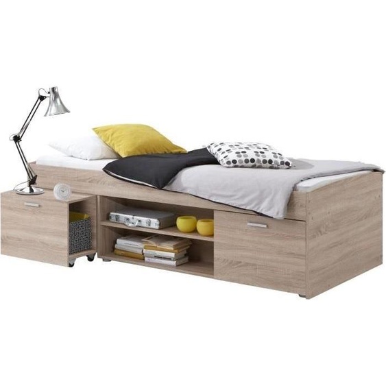 Lit combiné enfant CARLO, 90 x 200 cm, Mélamine chene, Chevet escamotable,