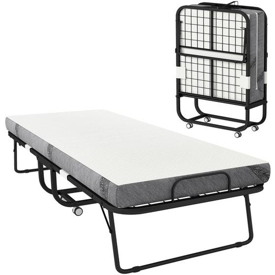 Lit dappoint pliable avec 10 cm de mousse, lit pliable 80x200 cm, lit sur roulettes, mobile, blanc et noir | gain de place | structure en acier | capacité jusquà 150 kg