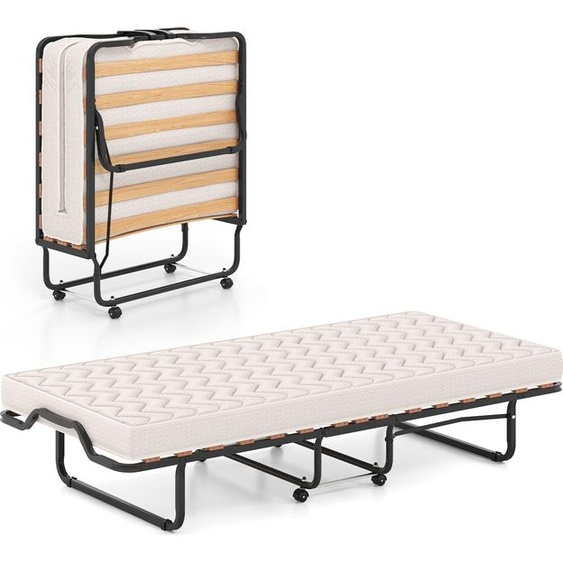 Lit dappoint pliable COSTWAY 90 x 200 cm, lit pliant avec matelas en mousse à mémoire de forme, lit métallique Lit portable stable jusquà 120 kg sur roulettes beige
