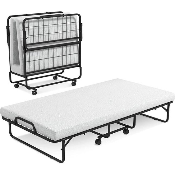 Lit dappoint pliable COSTWAY, 97x190 cm, avec matelas en mousse de 10 cm dépaisseur, sommier à lattes en métal, lit pliable avec roulettes et structure en métal robuste, supportant jusquà 180 kg