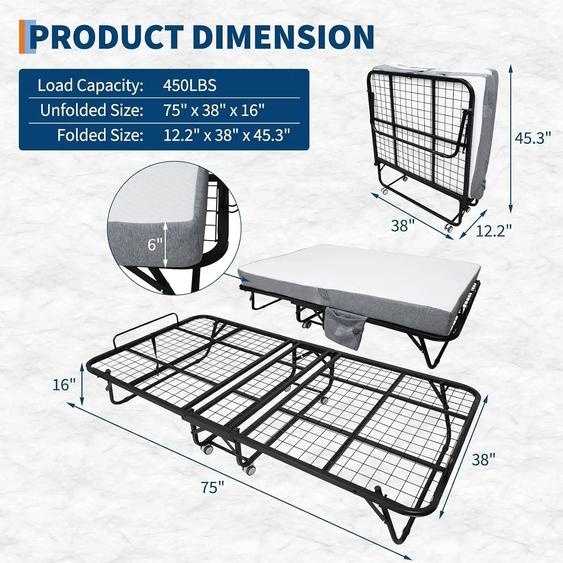 Lit dappoint pliable et transportable - Lit pliant avec matelas en mousse à mémoire de forme de 15 cm - Structure en acier robuste - Equipé de roulettes - Gain de place - Dimensions : 190 x 96 cm